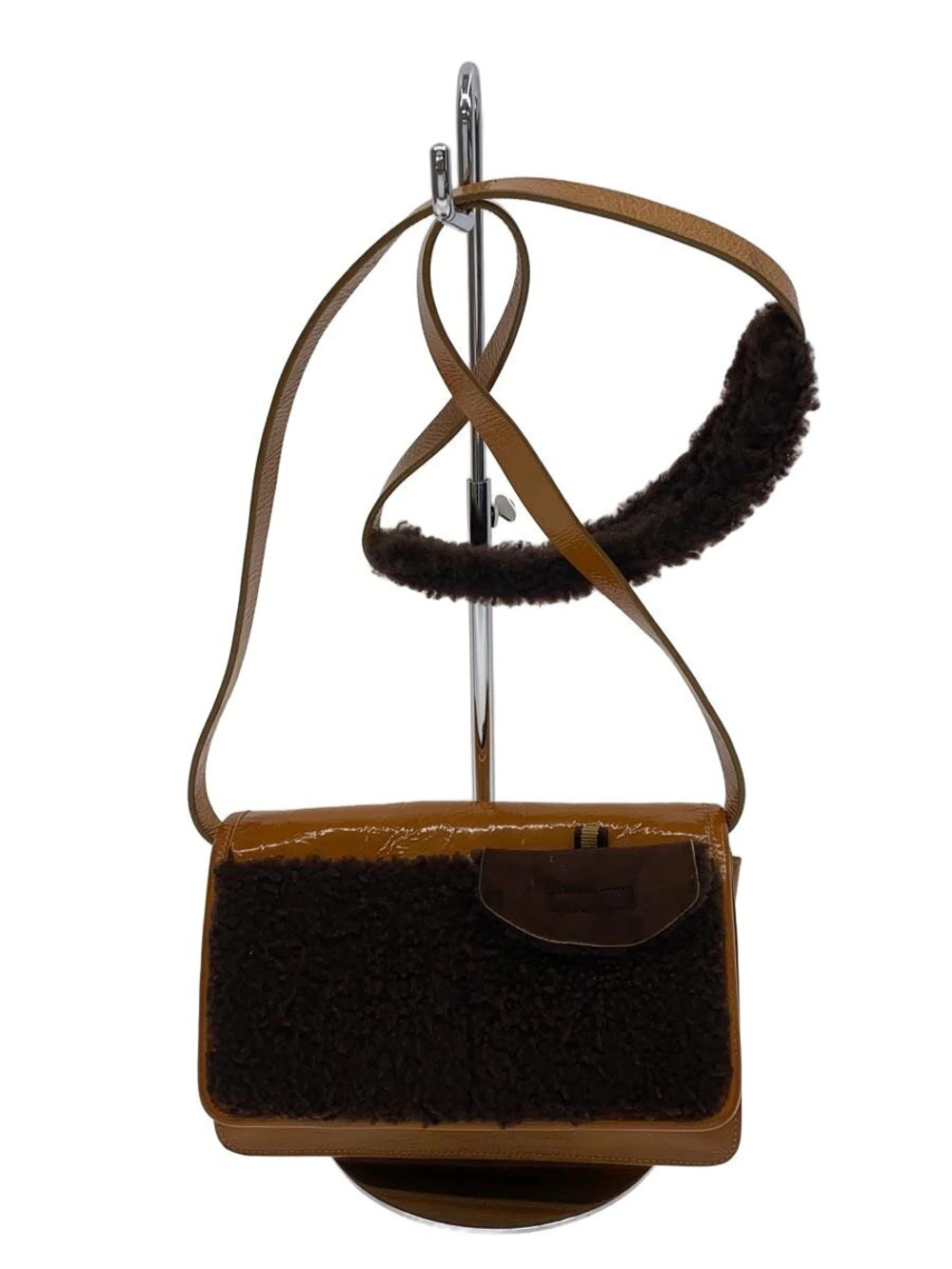 Miu Miu archive shearling crossbody bag shoulder enamel Camel Brown